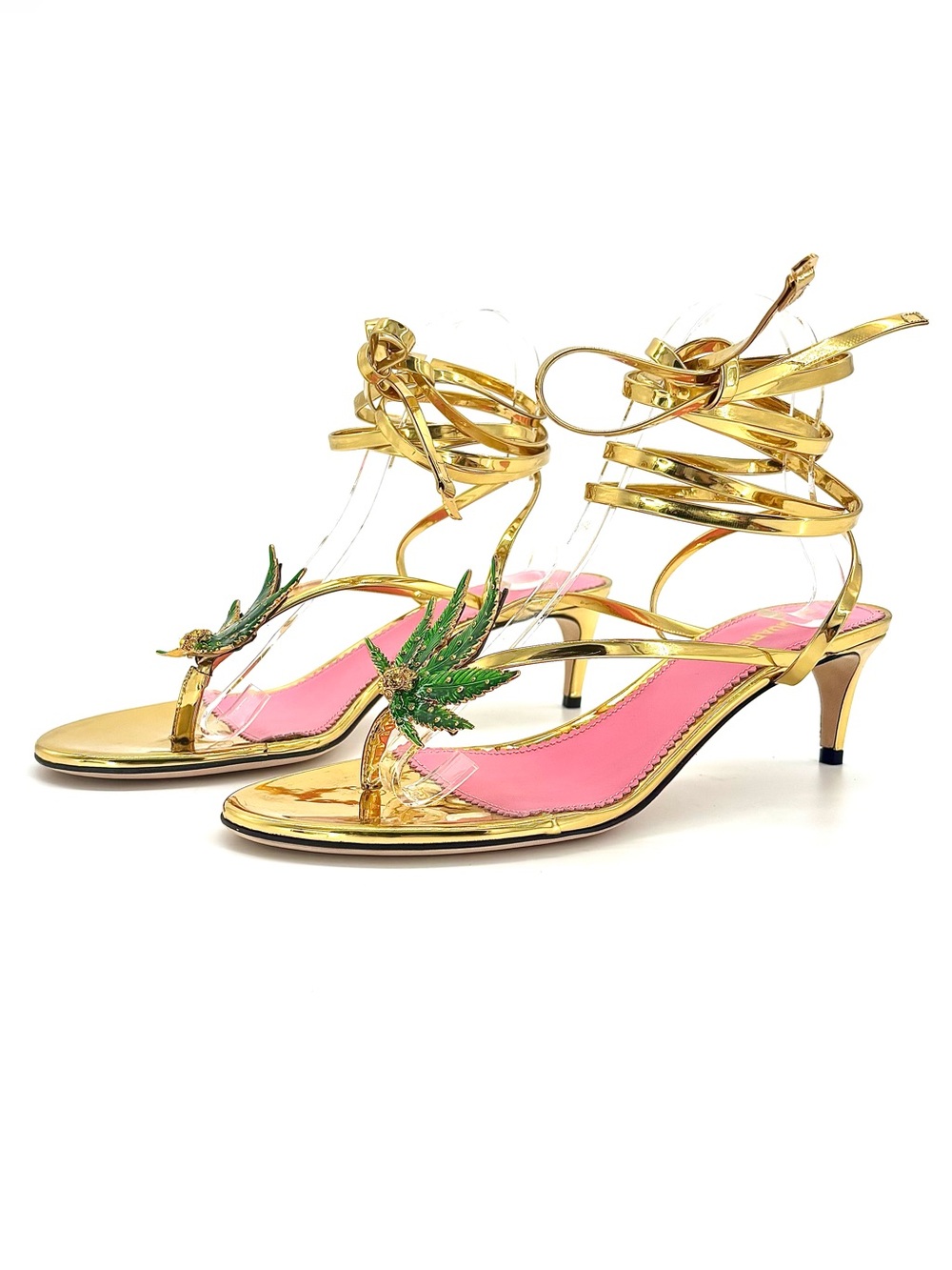 Dsquared2 Marija Gold Mirror Patent Leather Leaf Ankle Wrap T Strap Sandals 40